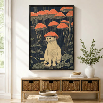 Mushroom Hat Cat Japanese Woodblock Canvas Art