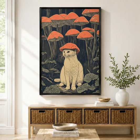 Mushroom Hat Cat Japanese Woodblock Canvas Art