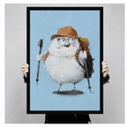 Hand-held framed poster of a funny fluffy bird wearing glasses and a bucket hat, carrying a backpack and trekking poles, oil painting style