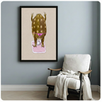 Black framed funny frog on bathroom scale illustration poster with pink bikini detail hanging on light blue-gray wall beside a cozy white linen armchair