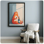Framed chubby orange tabby cat enjoying red wine by window wall art beside wooden accent chair with linen throw - serene minimalist flat illustration cat canvas print with soft blue tones and warm sunlight for reading nook