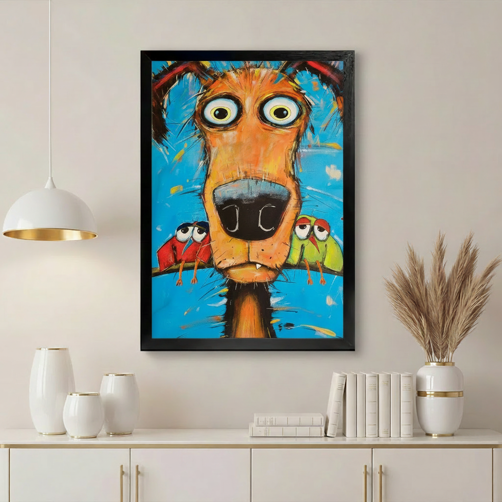 Colorful Dog Art in Black Frame Above Sideboard