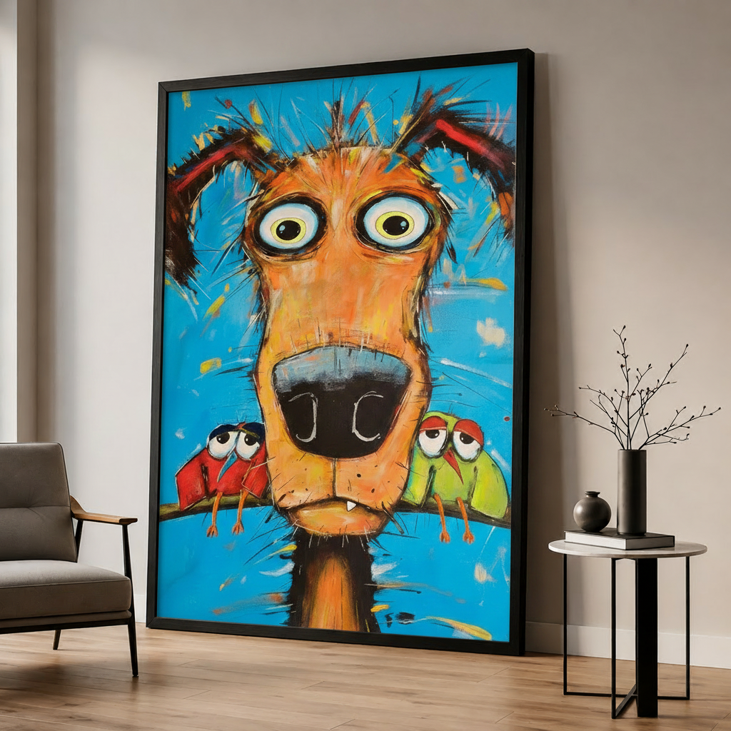 Colorful Dog Art in Black Frame Living Room Scene