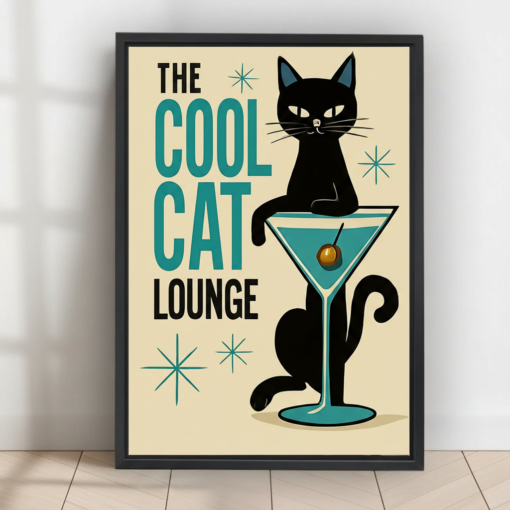 Cool Cat Lounge Retro Mid-Century Framed Canvas Art-t004