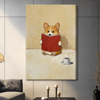 Unframed canvas wall art of a corgi holding a red book beside a coffee cup, hung on a dark gray wall in a contemporary living space