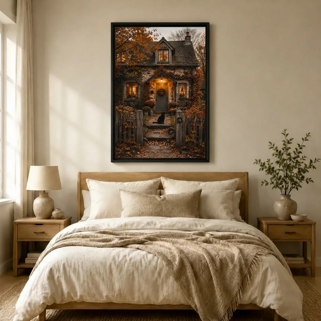 Framed cottagecore wall art canvas of a warm stone cottage in golden autumn light with ivy, fallen leaves, a wooden picket fence, and a black cat on the path, hung above a neutral linen bed in a serene Japandi-style bedroom