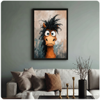 Funny horse cartoon framed canvas print — black wood frame, whimsical animal wall art on neutral background