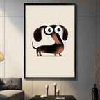 Black framed cute big-eyed cartoon dachshund canvas art with a charming brown and black wiener dog featuring oversized round eyes, floppy ears, and a long body on a clean cream background, displayed on a light gray tile wall above a black table with candlesticks beside a gray sofa