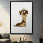 Framed cute cartoon dachshund wall art print displayed in modern living room, whimsical wiener dog illustration with big eyes on white background