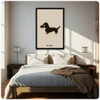 Black framed dachshund wall art canvas hung above a wooden bed with white linen bedding in a bright sunlit neutral bedroom with warm natural light