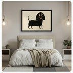 Framed dachshund canvas art hung above a bed in a minimalist neutral bedroom with white bedding, pendant lights and potted plants on nightstands