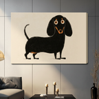 Gallery-wrapped canvas print of a charming black dachshund illustration hung on a gray paneled wall above a dark coffee table with candle holders