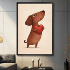Framed cute whimsical illustration brown dachshund dog standing upright hugging large red heart with rosy cheeks and happy smile expression on aged cream paper texture background canvas print on dark grey tile wall in modern living room with charcoal sofa and brass candlesticks - adorable dachshund red heart love wall art for contemporary home decor
