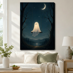 Stretched canvas glowing ghost on tree swing moonlit night landscape wall art hung above a white sofa with sage green cushions in a Scandinavian living room