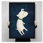 Person holding large framed cute cartoon illustration white dog with red nose and green collar floating with eyes closed on deep navy blue textured background canvas print with both hands - close up view of whimsical dreamy white puppy floating wall art with rich navy background and black frame finish