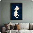 Framed cute cartoon illustration white dog with red nose and green collar floating with eyes closed on deep navy blue textured background canvas print above cream sofa on sage blue-grey wall - whimsical dreamy white puppy floating wall art with rich navy background for stylish living room decor