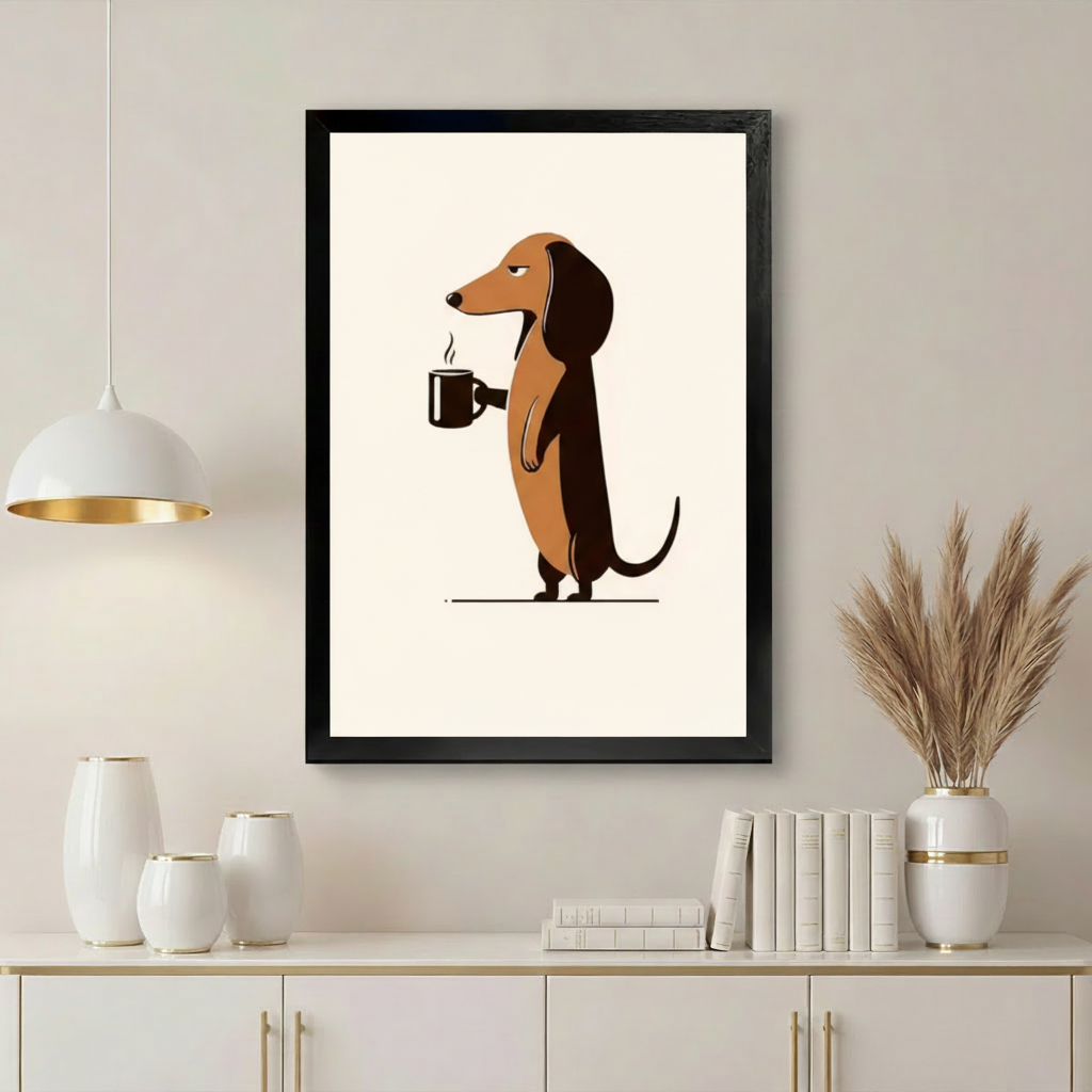 Dachshund Art in Black Frame Above Sideboard