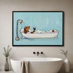 Dachshund bubble bath wine canvas wall art – wiener dog relaxing in clawfoot tub holding red wine glass, sky blue background, framed canvas print