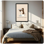 Dachshund espresso martini wall art in black frame above bed, minimalist neutral bedroom decor
