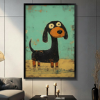 Black framed dachshund canvas print in modern grey interior — playful long-bodied wiener dog portrait, retro teal dog wall art for living room