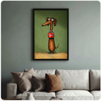 Framed brown dachshund holding red gift box impasto oil painting above cream textured sofa on sage green wall – olive green background long dog canvas wall art for living room decor