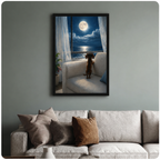 Framed wall art print of a dachshund peering out a window at a glowing full moon above the ocean, displayed in a modern living room