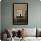 Framed dachshund watching rainy window oil painting above cream textured sofa on sage blue-grey wall – contemplative warm tone dog canvas print for living room decor