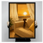 Person holding a large black framed dachshund sunset window oil painting print showing print size against a neutral grey background