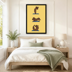 Large framed canvas art of a whimsical dachshund performing yoga poses on blue mats against a bright yellow background, hung above a neutral linen bed in a minimalist Scandinavian bedroom