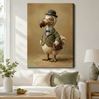 Stretched canvas dapper dodo bird wall art depicting a charming extinct bird dressed in a tweed suit, bow tie, and bowler hat with a vintage leather bag, hung above a white sofa in a modern living room