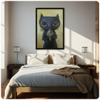 Framed surreal black cat licking a frog ice cream cone wall art with olive gold background hung above a wooden bed with white bedding in a bright sunlit minimalist bedroom