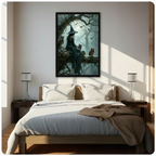 Framed dark witch with owls in misty forest fantasy art canvas above bed in bright sunlit neutral bedroom with dark wood nightstands and modern table lamps