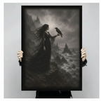 Close-up of framed dark witch with raven wall art print held by hands — gothic fantasy oil painting, stormy cliff and turbulent sea