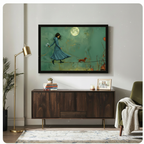 Framed dreamy narrative oil painting dark-haired girl in flowing blue coat holding blue wildflowers walking tightrope with red dachshund under glowing full moon canvas print above dark walnut sideboard on light grey wall - ethereal woman and dog moonlit tightrope wall art with moody teal sky and gold floor lamp for modern living room decor
