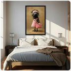 Framed eccentric crow wall art print in pink lace outfit with handbag and ankle boots, displayed above a bed as statement bedroom wall decor