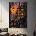 Canvas wrap wall art of a magical forest cottage with ivy-covered towers, a black cat on a wooden bridge stairway, and a dramatic orange and purple sunset sky