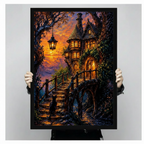 Person holding a large fantasy art print of a mystical glowing cottage with black cat, wooden bridge stairs and lantern under a vivid orange sunset sky, showcasing print size and detail