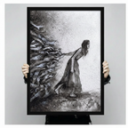 Person holding large framed expressionist black and white ink painting solitary woman with long dark hair in draped grey dress straining forward arm extended resisting a turbulent wave of reaching ghostly hands surging from the left side with scattered ink droplets on brushed silver grey textured background canvas print with both hands against light grey background - close up size reference of powerful woman pushing hands black white wall art with black frame finish