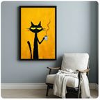 Black framed canvas print of a tall slender black cat with piercing yellow eyes holding a steaming coffee mug in expressive oil painting style on bold amber yellow background, hung on a blue-gray wall above a white wood-framed armchair with a cream throw blanket