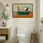 Five dogs in green clawfoot bathtub vintage humorous oil painting in black frame above toilet in beige bathroom with wainscoting – gold mirror wall sconce wood vanity funny dog toilet wall art