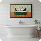 Five dogs bathing together in green clawfoot bathtub vintage humorous oil painting in black frame on white subway tile bathroom wall – gold faucet mint polka dot wallpaper funny dog canvas wall art above freestanding tub