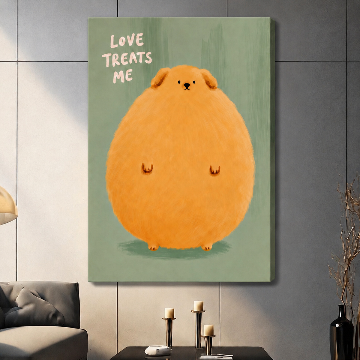 Large stretched canvas print of a fluffy oversized Pomeranian illustration with "Love Treats Me" text on mint green background, hung on a grey living room wall