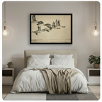 Black framed antique naturalist Canada geese in flight sketch canvas wall art hung above a beige upholstered bed with white linen bedding in a serene minimalist bedroom with glass globe pendant lights