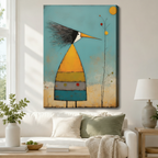 Stretched canvas wall art of a whimsical mid-century folk art abstract striped bird featuring a tall cone-shaped body in bold orange, yellow-green, gray, and teal horizontal bands with a wild black and white feathered crest, a long pointed orange beak, and thin black legs beside a delicate branch with colorful dot berries and a golden circle sun in thick impasto texture on a distressed teal background, hung above a white sofa with sage green and cream pillows and a white ceramic table lamp