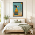 Black framed mid-century folk art abstract striped bird canvas art with a tall quirky bird featuring a wild black and white feathered crest, a long orange beak, a cone-shaped body in bold orange, yellow-green, gray, and teal horizontal stripes on thin black legs beside a bare branch with red and yellow dot berries and a golden circle sun in thick impasto texture on a distressed teal background, hung above a light wood bed frame in a serene Scandinavian bedroom with crisp white linen bedding, a sage green th