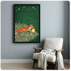 Black framed fox lantern art print on light gray wall above armchair, Japanese-inspired nature illustration