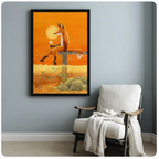 Framed art print featuring a contented fox with wine glass at golden sunset hung above armchair in minimalist grey room