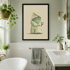 Spa frog with towel turban and tea – black framed wall art in botanical green bathroom