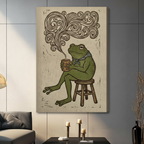 Gallery wrap canvas of retro frog holding coffee mug with decorative steam swirls, vintage linocut style animal wall art for living room decor