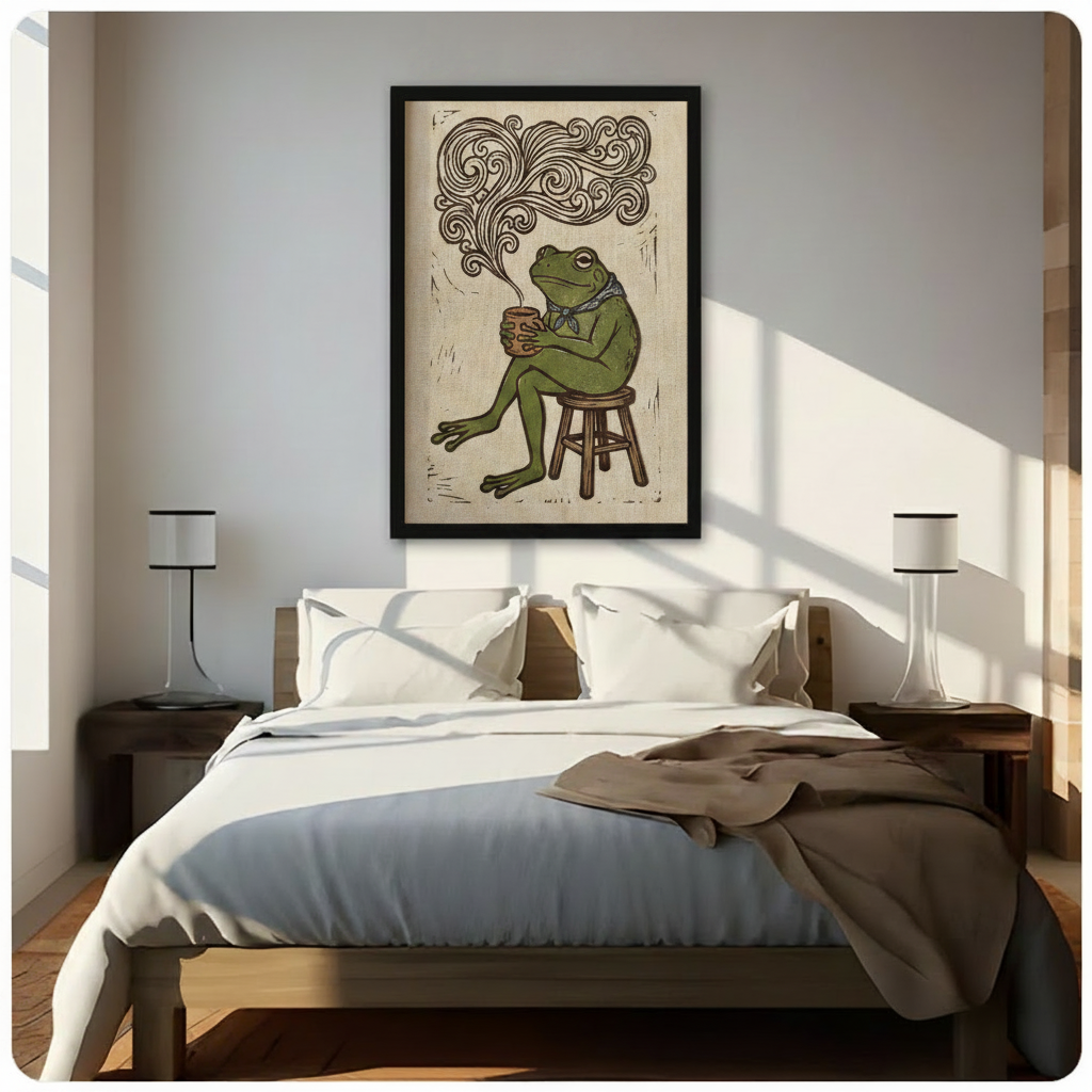 Framed retro frog drinking coffee wall art above bed in bright minimalist bedroom, whimsical vintage animal print for coffee lover home decor